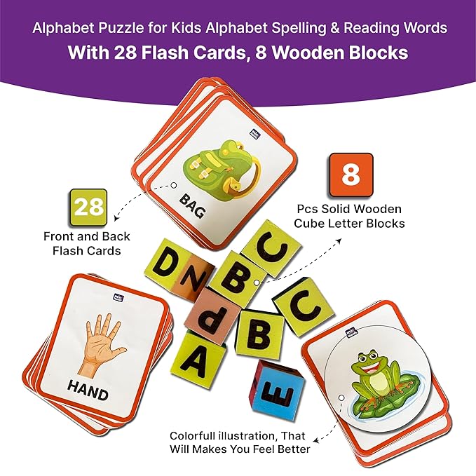 Mini Leaves Wooden Cube Blocks Learning Game With Flash Cards| Educational Toys for Kids 3+ Years | Spelling and Word Building Game