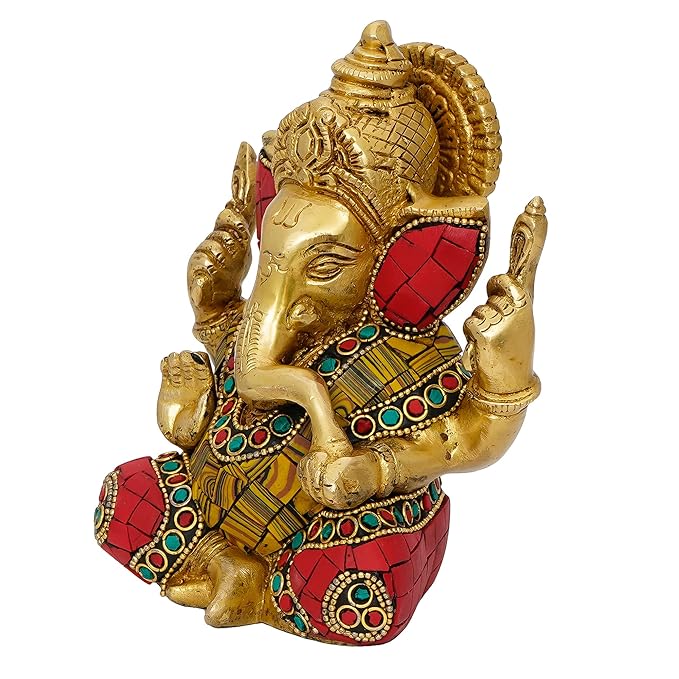 Ecraftindia Handcrafted Golden Brass Chaturbhuj Lord Ganesha Idol With Colorful Stone Work