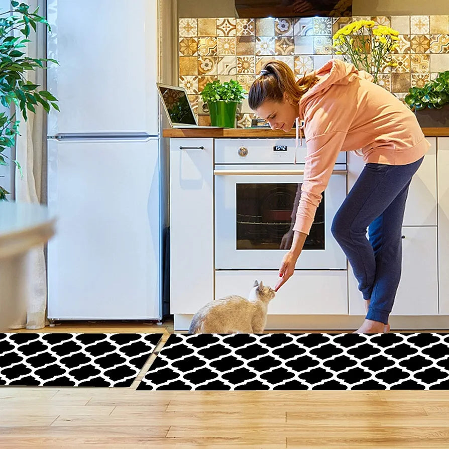 Ishro Home Kitchen Mats For Floor Anti Slip Waterproof Set Of 2 Pcs Colour Black Diamonds