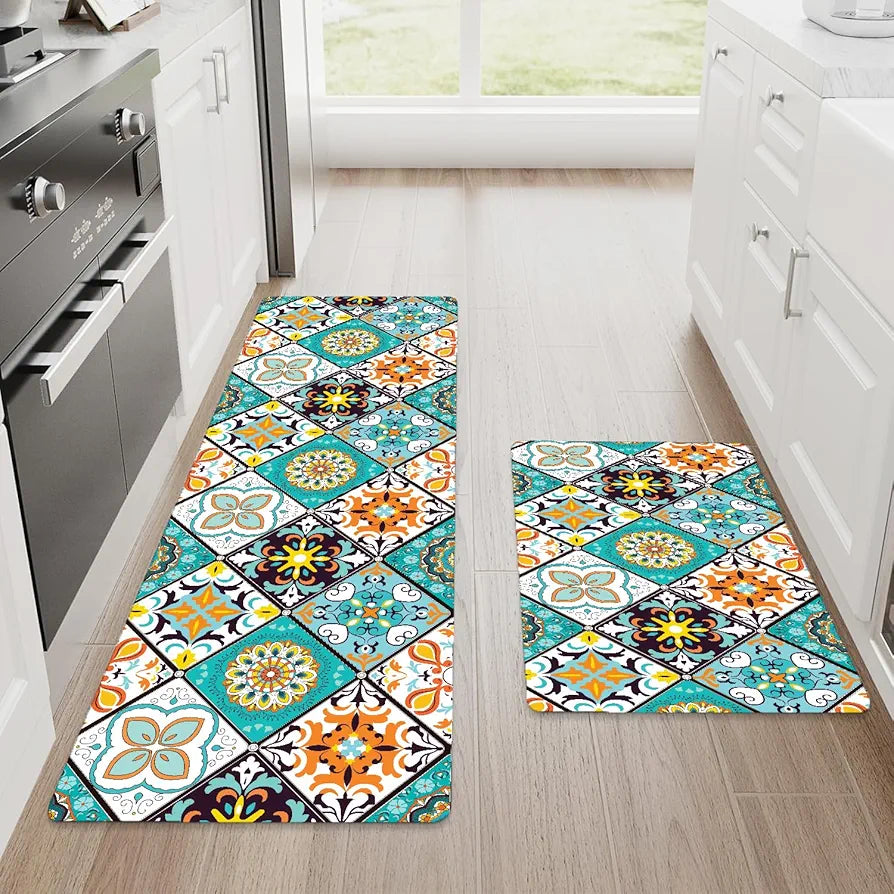 Ishro Home Kitchen Mats For Floor Anti Slip Waterproof Set Of 2 Pcs Colour Vintage Retro
