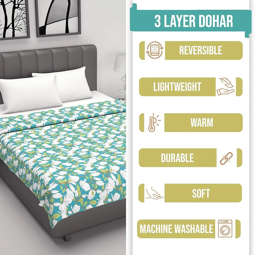 Divine Casa Floret 100% Cotton Single Dohar 120 GSM Soft & Lightweight Throw BlanketColour Meadow Green