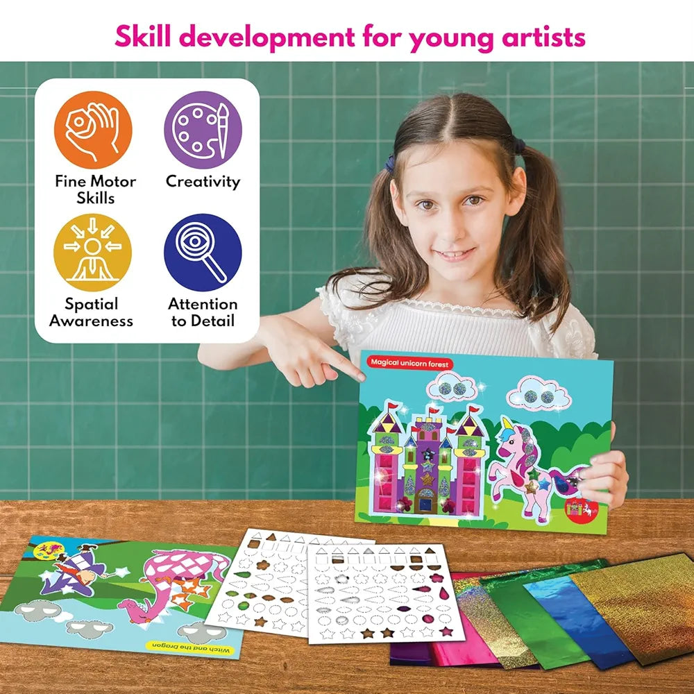 SparkLPlay Art and Craft Kit. Toys for Girls,Foil Fun Activity,Birthday Gift for Girls Ages 4 to 9,Craft Boards 6, Sticker Pages 6, Color Foils 40+, Stickers 190+. DIY Craft. , Multicolor