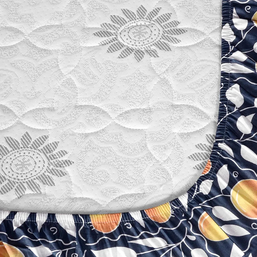 Divine Casa 144 TC 100% Cotton Deep Cobalt Floral King Size Elastic Fitted Bedsheet with 2 Pillow Covers Elegant Double Bed Set Colour Marlin