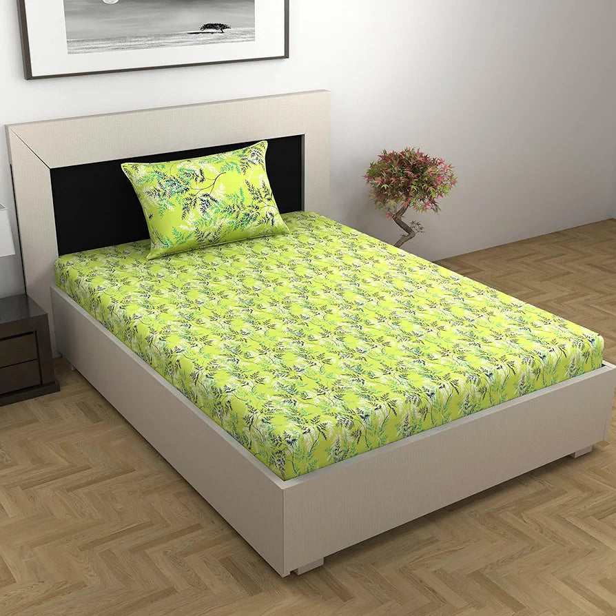 Divine Casa Bedsheet for Single Size Bed 144 TC Cotton Bedsheet for Single Size Bed with 1 Pillow Cover Floral Colour Lime Breeze