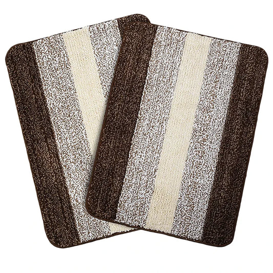 Saral Home Microfiber Striped Rectangle Shaped Anti-Skid Bath Mats Colour Brown (Pack Of 2)
