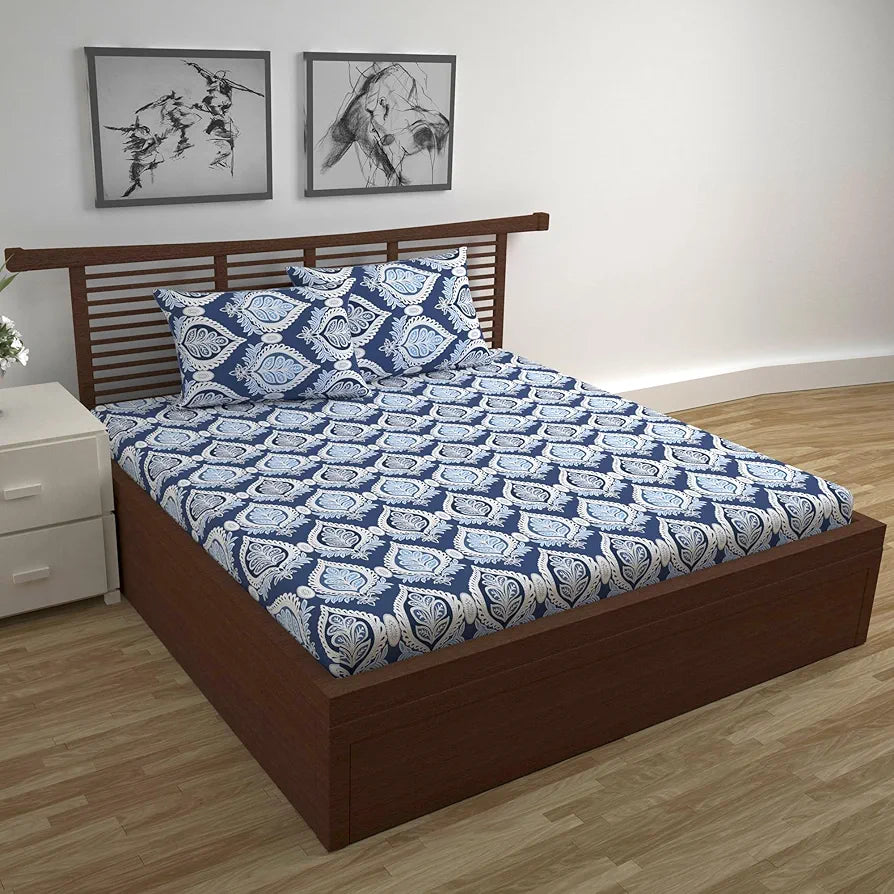 Divine Casa 144 TC Super Soft 100% Cotton Bedsheet for Double Bed 144 Thread Count Floral Colour Dazzling Blue
