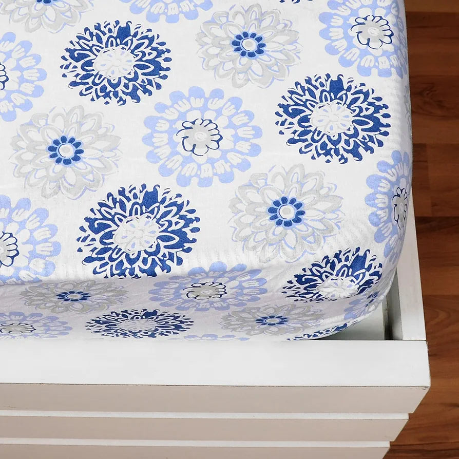 Divine Casa 144 TC Floral Grey 100% Cotton Elastic Fitted Bedsheets King Size with 2 Pillow Covers Colour Dutch Blue
