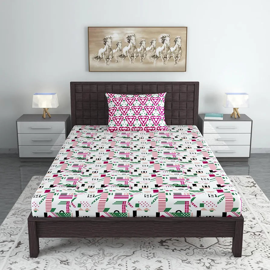 Divine Casa Bedsheet for Single Size Bed 144 TC Cotton Bedsheet for Single Size Bed with 1 Pillow Cover Abstract Colour Pink & White