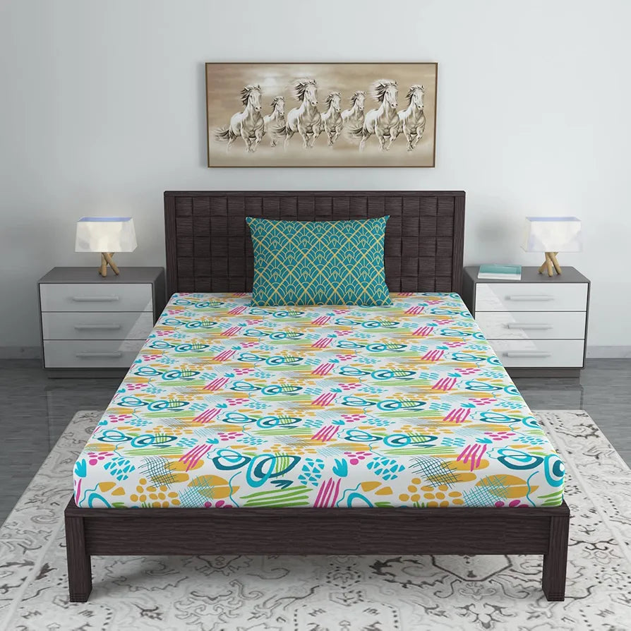 Divine Casa Bedsheet for Single Size Bed 144 TC Cotton Bedsheet for Single Size Bed with 1 Pillow Cover Abstract Colour Teal & Mustard