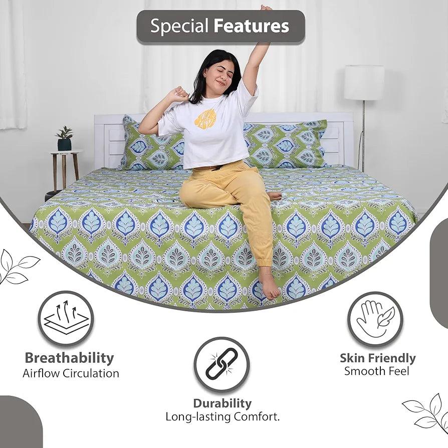 Divine Casa Bedsheet for Single Size Bed 144 TC Cotton Bedsheet for Single Size Bed with 1 Pillow Cover Floral Colour Palm Green