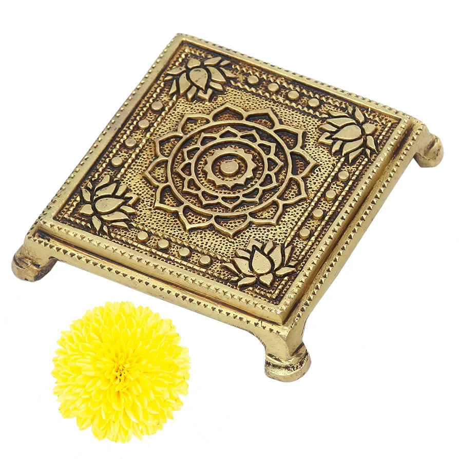 anciently Brass Pooja Chowki Square with Lotus Design | Sqaure Brass Chowki for Puja, Brass, Gold Colour, 1 Piece