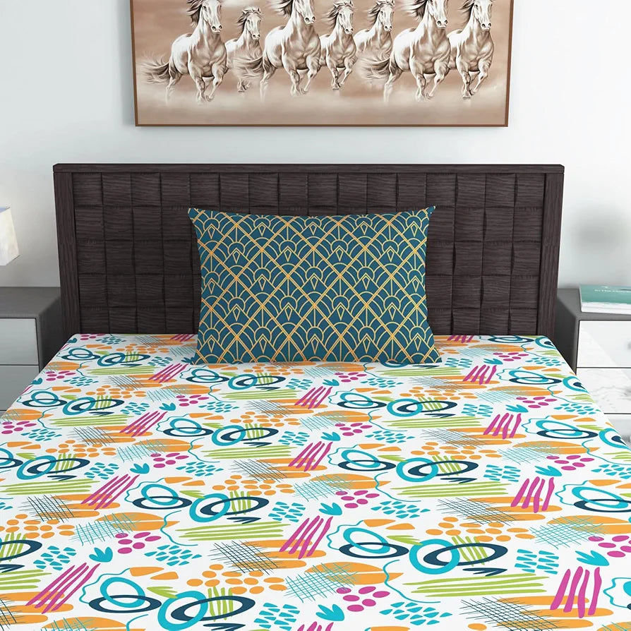 Divine Casa Bedsheet for Single Size Bed 144 TC Cotton Bedsheet for Single Size Bed with 1 Pillow Cover Abstract Colour Teal & Mustard