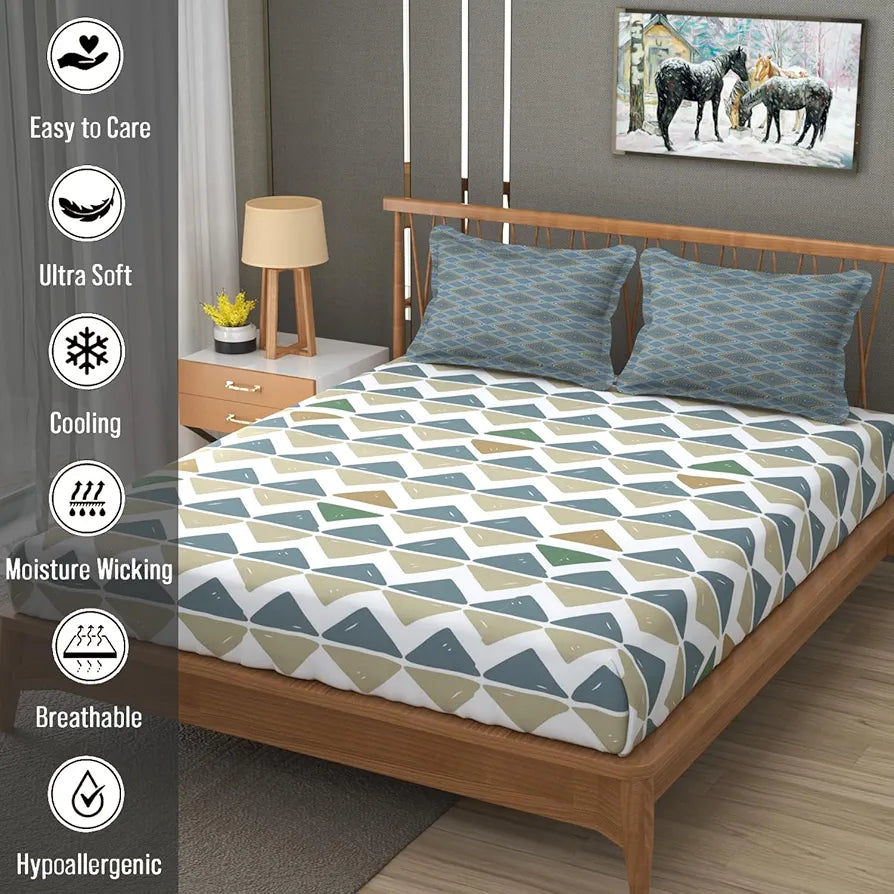 Fresh From Loom 240 TC Microfiber Cotton King Size Bedsheet for Double Bed with 2 Pillow Cover Blue Beige
