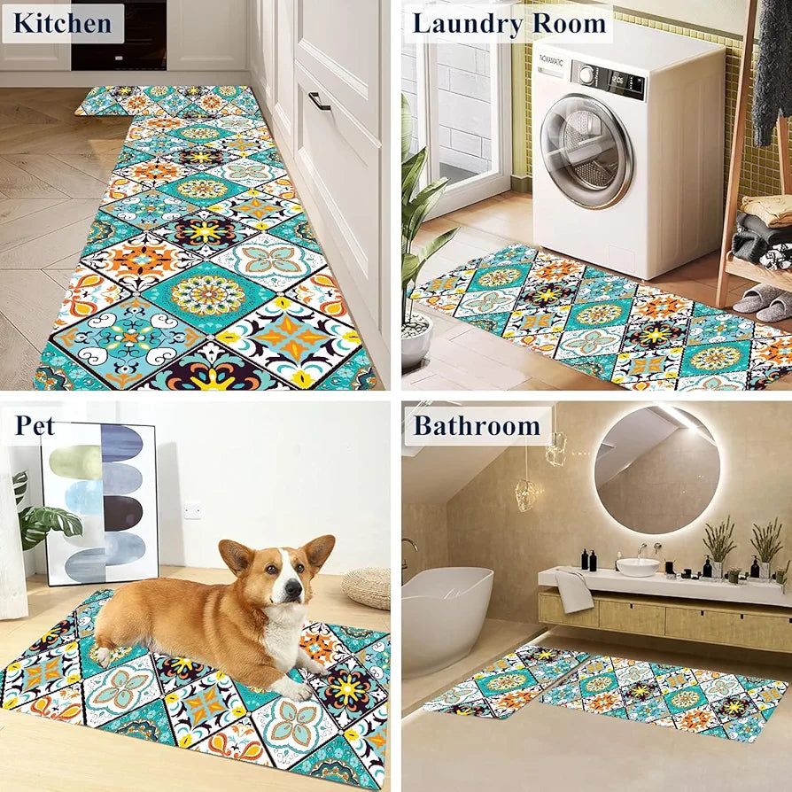 Ishro Home Kitchen Mats For Floor Anti Slip Waterproof Set Of 2 Pcs Colour Vintage Retro