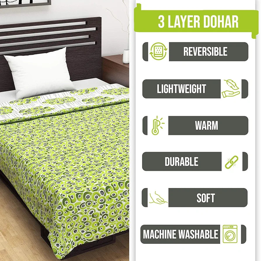 Divine Casa 120 GSM Microfiber Reversible Dohar Single Bed Size Jaipuri Printed Soft Lightweight AC Living Room Summer Blanket Colour Peppermint