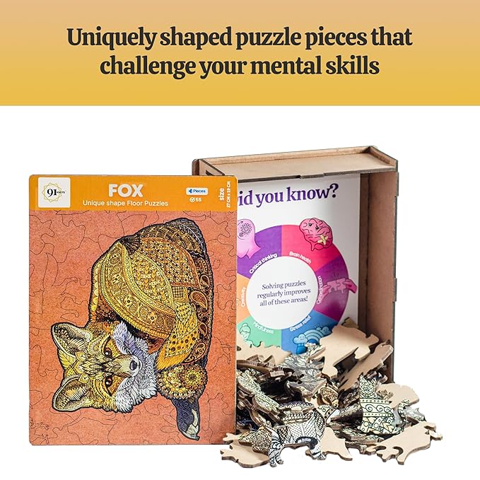 91knots Fox 55 Pieces Wooden Puzzles for Kids | Jigsaw Puzzle for Kids Board Games for Kids | Animal Shapes Puzzle for Age 5+ Kids