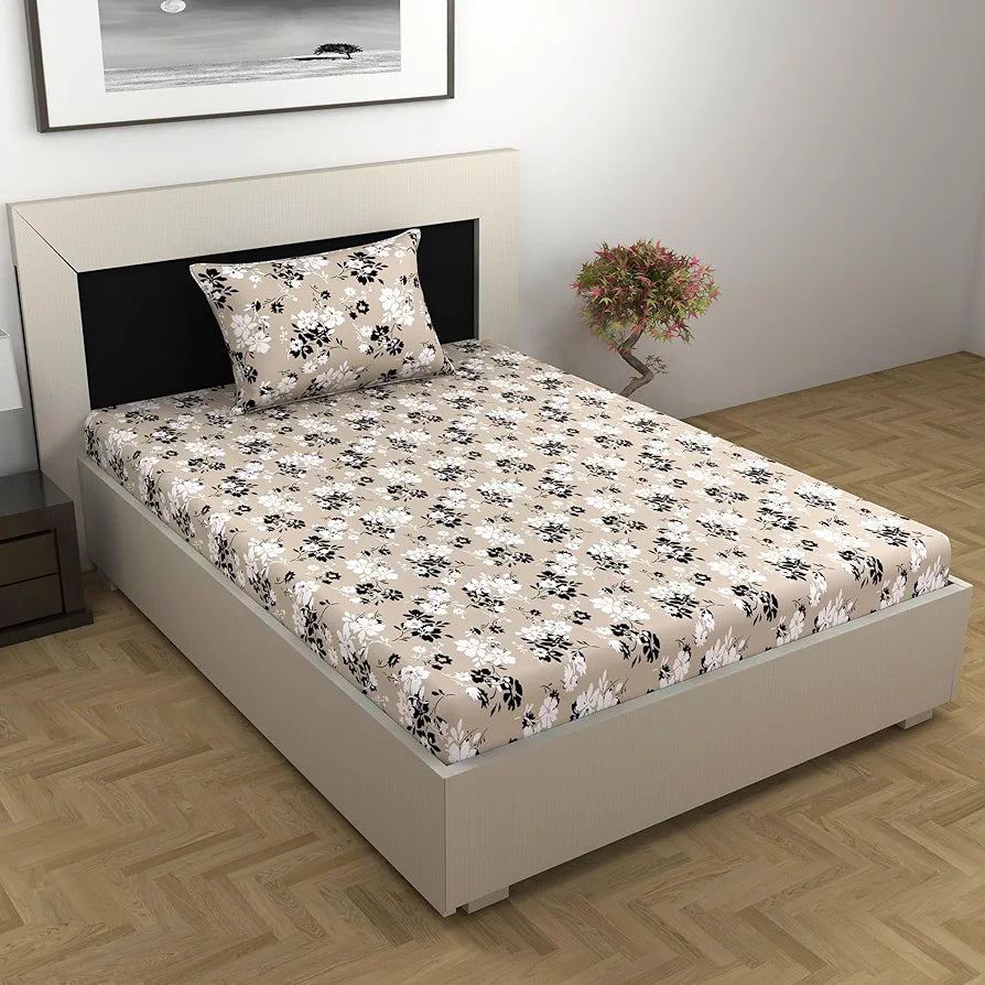 Divine Casa Bedsheet for Single Size Bed 144 TC Cotton Bedsheet for Single Size Bed with 1 Pillow Cover Floral Colour Beige Sunflower