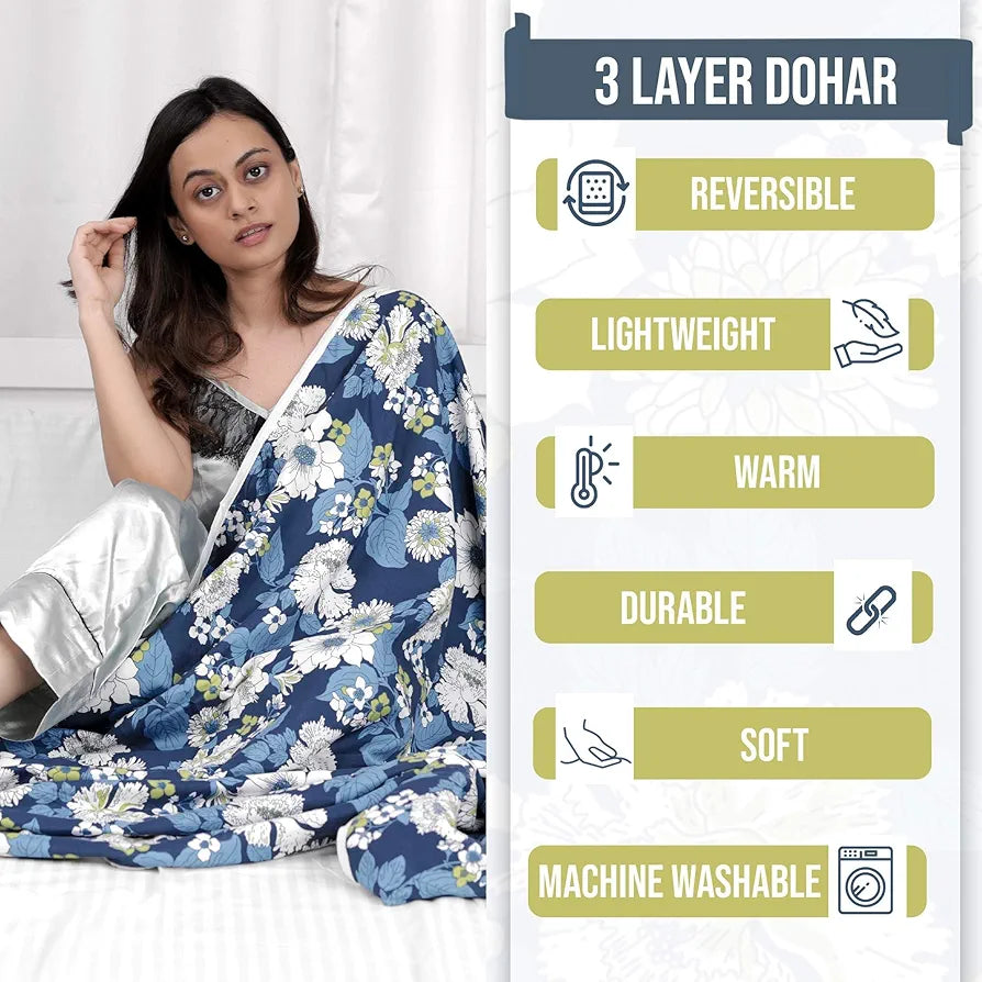Divine Casa 120 GSM Microfiber Single Dohar Soft & Lightweight Throw Blanket Floral Pattern Colour Galaxy Blue & White