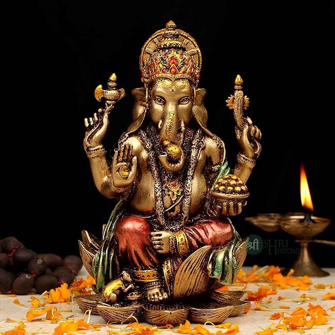 Indicast 7" Inch Cold Cast Resin Ganesh Showpiece Antique Decor | Metal Finish