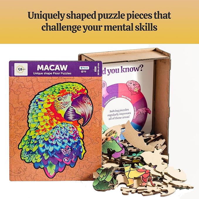 91knots Macaw 72 Pieces Wooden Jigsaw Puzzle for Kids & Children | Animal Shape Macaw Bird Puzzle for 6 Year Old Kids