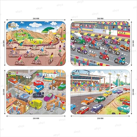 ABYZ Wooden Jigsaw Puzzles for Kids Cycle Racing Bike Racing Car Garage Car Set of 4-120 Pcs