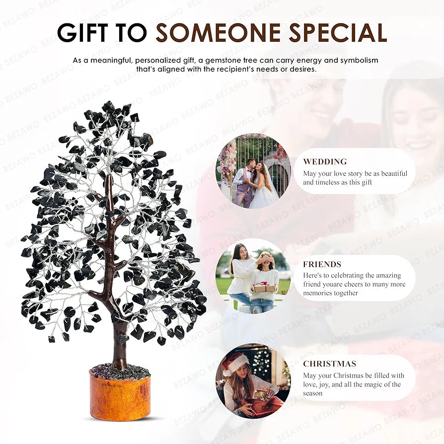 Bezavo Black Tourmaline Crystal Tree – Healing Money Tree for Feng Shui Silver Wire