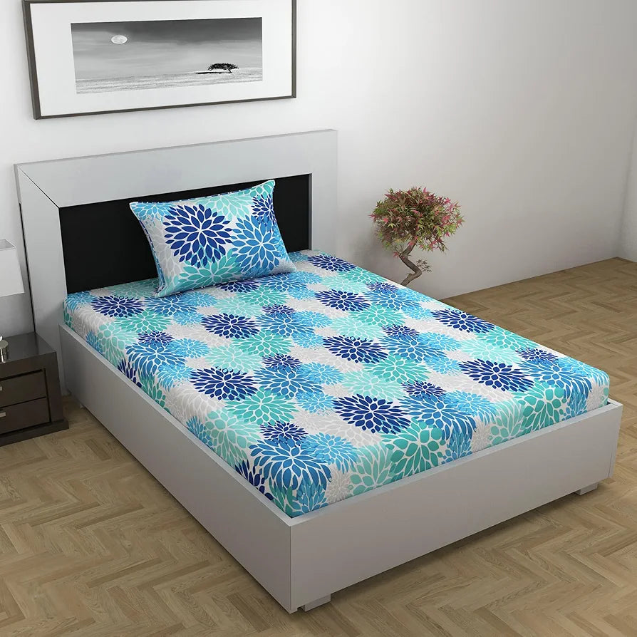 Divine Casa Bedsheet for Single Size Bed 144 TC Cotton Bedsheet for Single Size Bed with 1 Pillow Cover Floral Blue Colour Aqua
