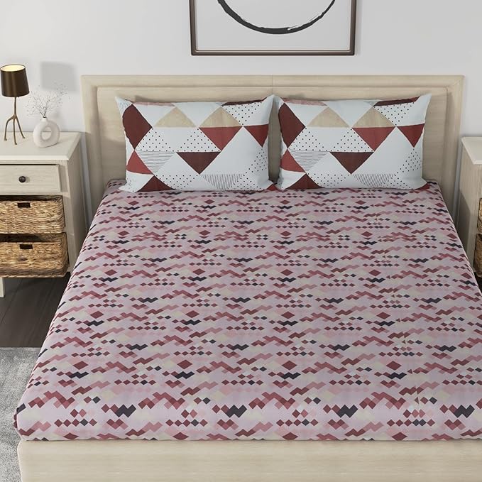 Huesland by Ahmedabad Cotton 186 TC Bedsheet for King Size Bed with 2 Pillow Covers | Brown, Brick & White