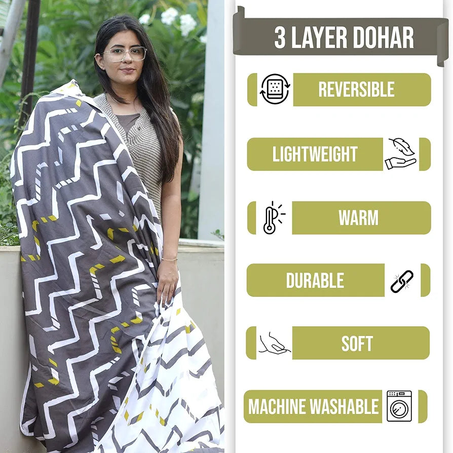 Divine Casa 120 GSM Microfiber Single Dohar Soft & Lightweight Throw Blanket Cozy & Breathable Zig-Zag Pattern Mourning Colour Dove & White