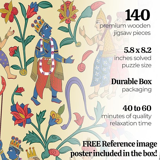 91knots-krishna With Devotees Wooden Jigsaw Puzzle (140 Pieces) for Adults and Kids | Beautiful Indian Artwork Puzzle