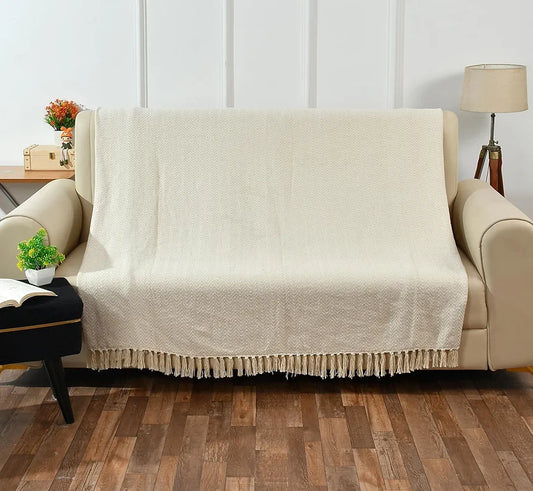 Sashaa World Chevron Cotton Sofa Throw with Tassels Colour Beige and Natural