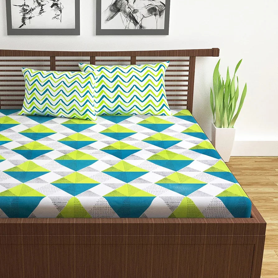 Divine Casa 144 TC Cotton Bedsheet for Double Bed with 2 Pillow Cover Colour Aqua Lime