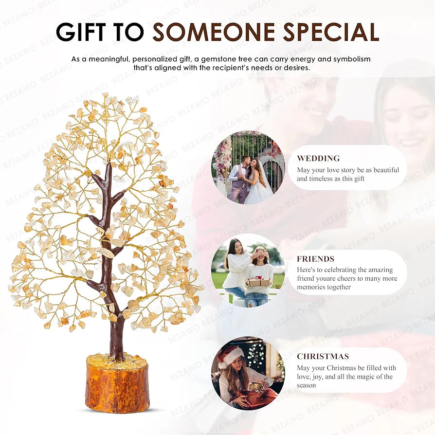 Bezavo Citrine Crystal Tree of Life Feng Shui Money Tree Golden Wire for Positive Energy & Success