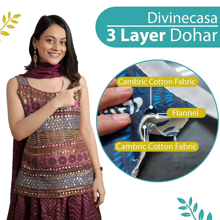 Divine Casa Cambric Cotton Single Bed Dohar 3 Layer dohar with Flannel Inside Reversible Both Sides Usable Blanket TC - 120Aqua Colour Green Angular Shape