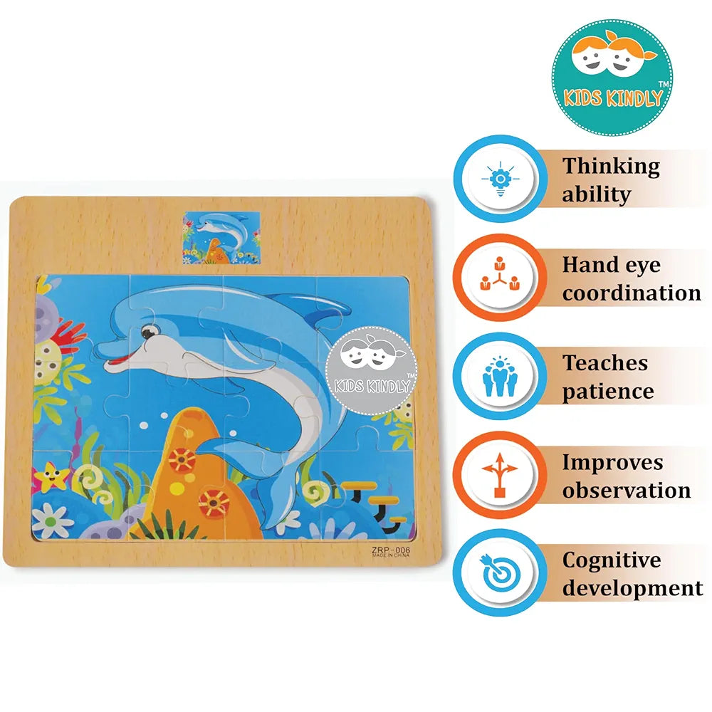 KIDS KINDLY Wooden 12 Piece Jigsaw Puzzle for Kids, Animals & Vehicle Theme Game, Promotes Fine Motor Skills, Improve Hand-Eye Coordination, Puzzle Game for Kids - 3 Years+ Random Design