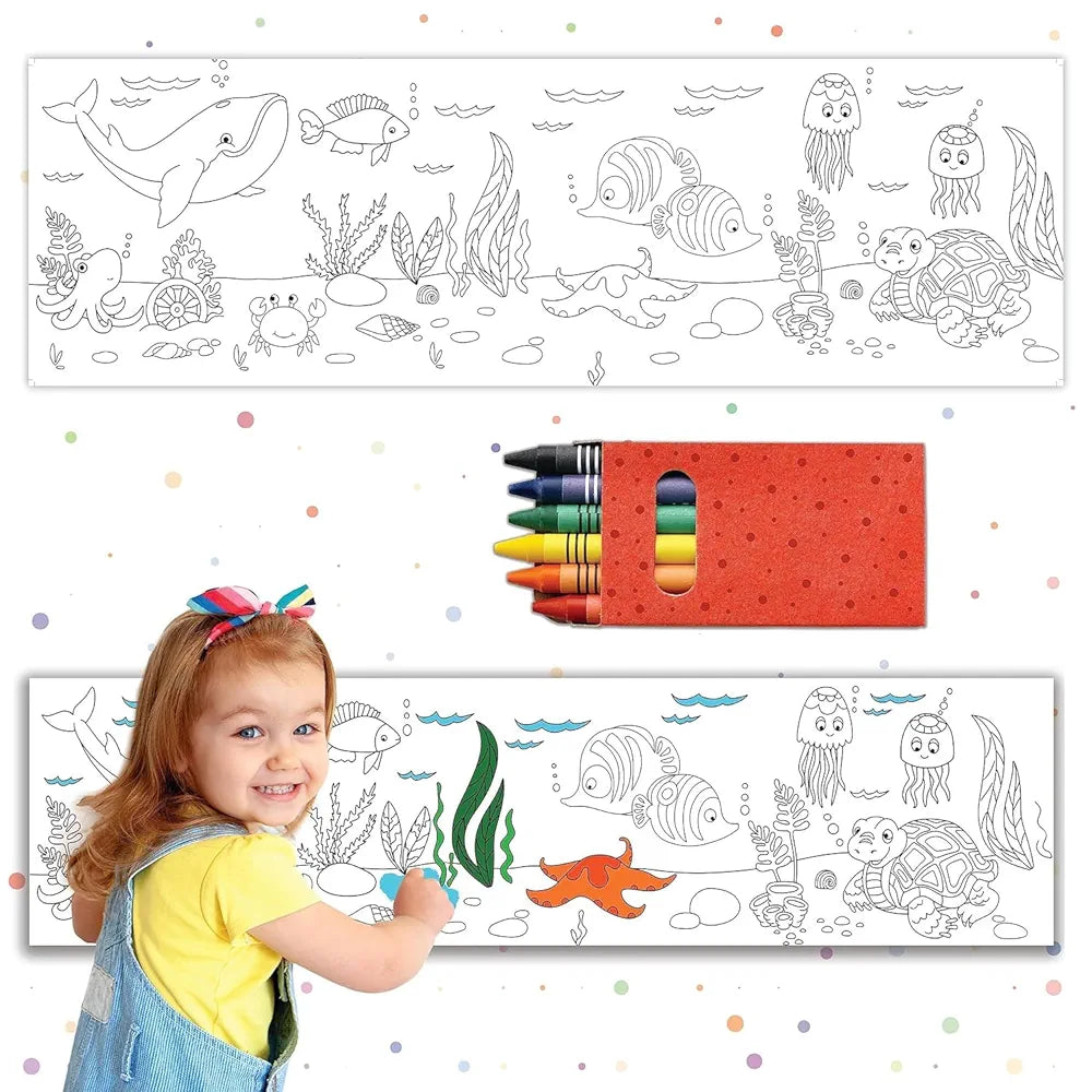 Popcorn Games & Puzzles Kid 1 Metre Reusable Colouring Rolls & Stickers with Crayons Featuring Unicorn|Fun, Easy Wipe & Clean Wall Colouring Rolls
