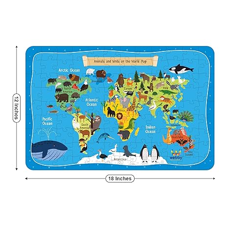 Webby World Map with Animals Jigsaw Puzzle 108 Pieces Kid