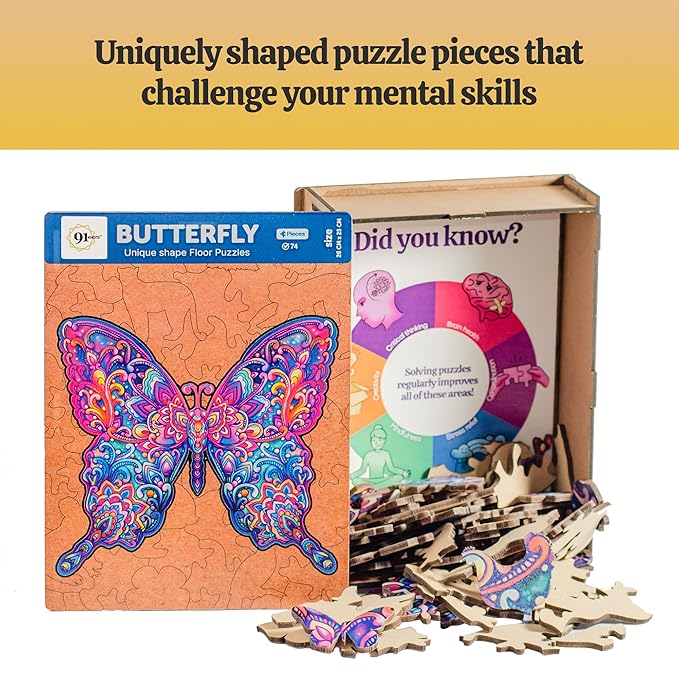 91knots Butterfly 72 Pieces Wooden Jigsaw Puzzle for Kids & Children 6+ | Animal Shape Butterfly Puzzle for 6-year Old Kids