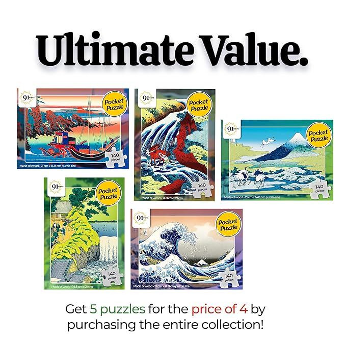 91Knots - Katsushika Hokusai Wooden Jigsaw Puzzle (140 Pieces) for Adults and Kids | 5 Box Collection | Japanese Ukiyo-e Artwork