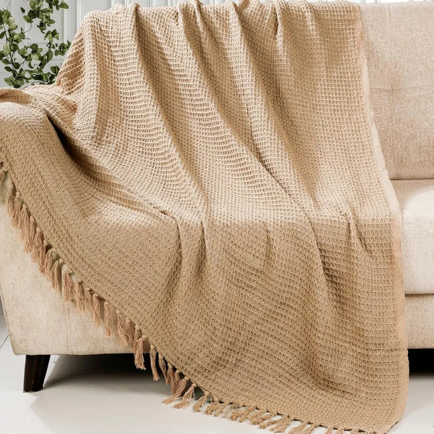 Homadorn Waffle Weave Cotton Throw Blanket Colour Beige
