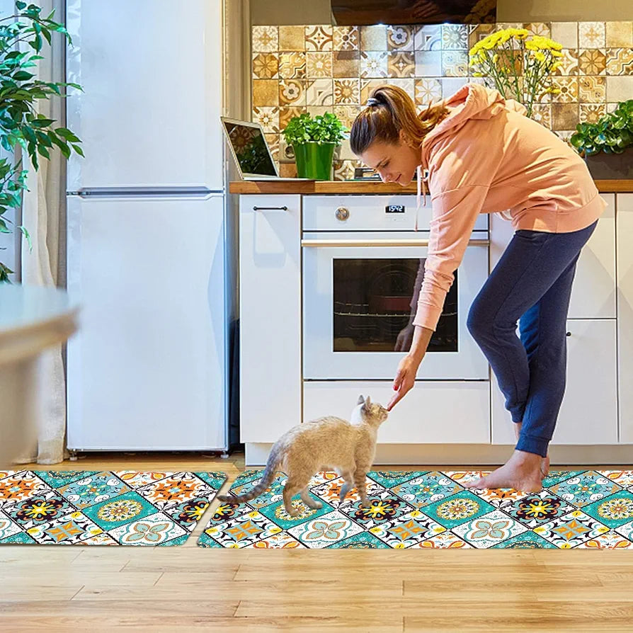 Ishro Home Kitchen Mats For Floor Anti Slip Waterproof Set Of 2 Pcs Colour Vintage Retro