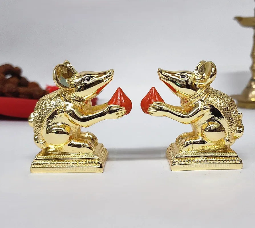 Gold Art India Gold-Plated Mushak Mouse Pair with Modak Orange Terracotta Finish