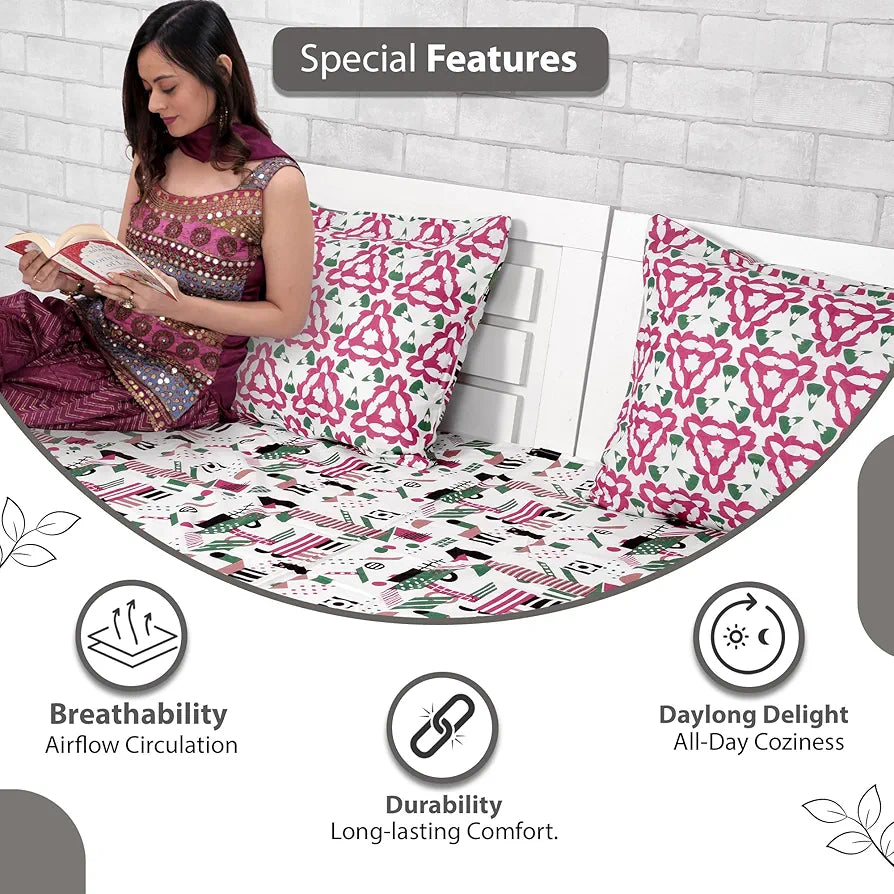 Divine Casa Bedsheet for Single Size Bed 144 TC Cotton Bedsheet for Single Size Bed with 1 Pillow Cover Abstract Colour Pink & White