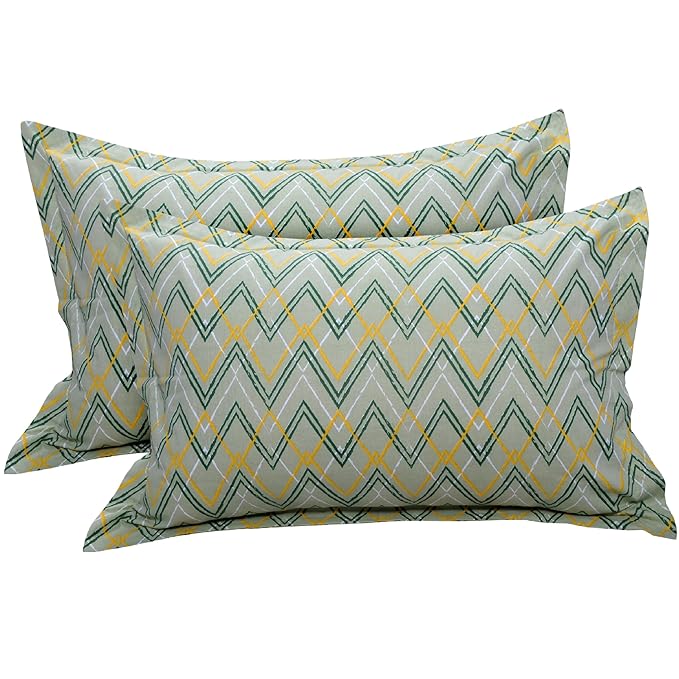 Huesland by Ahmedabad Cotton 144 TC Bedsheet for King Size Bed with 2 Pillow Covers | Botanical Chevron | Green, Yellow & White