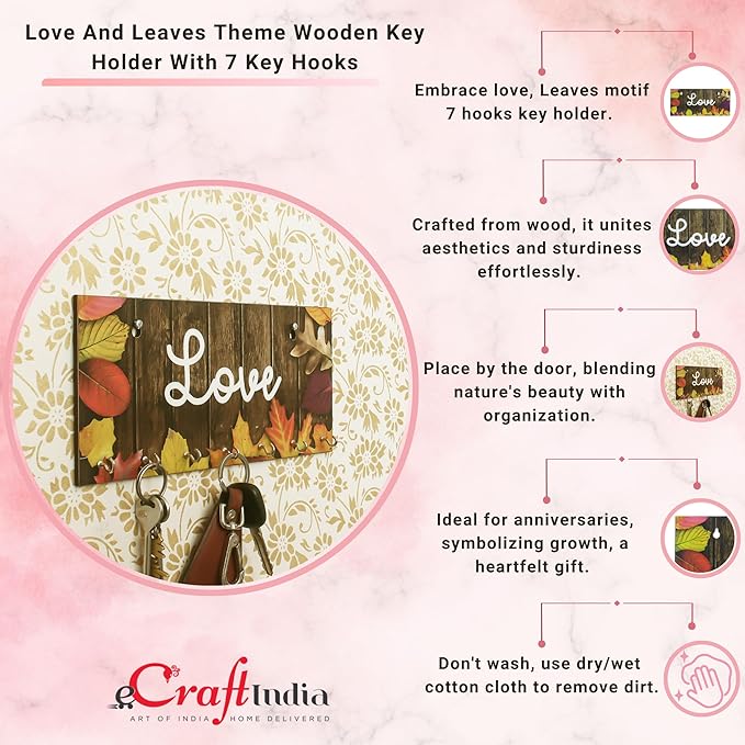 Ecraftindia Love Theme Wooden Key Holder With 7 Hooks