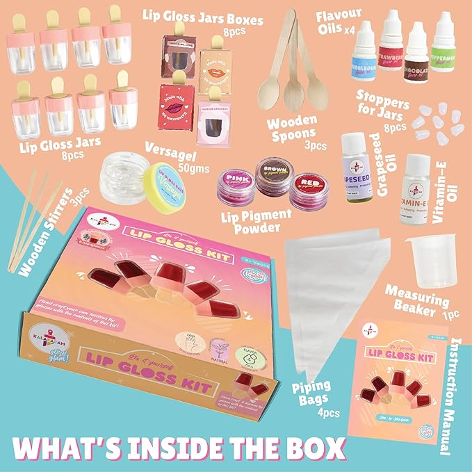 Kalakaram Lip Gloss Diy Kit - Make 8 Lip Gloss With Nourishing Vitamin E Oil | Fun and Engaging Activity Kit