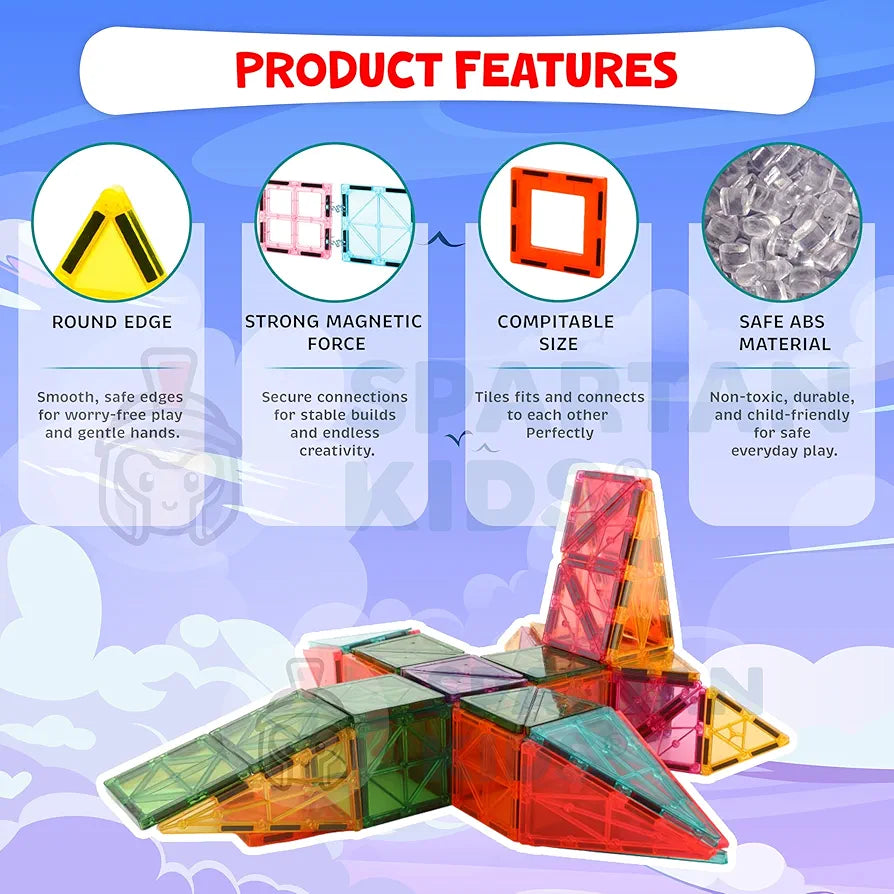 SPARTAN KIDSยฎ Premium Magnetic Tiles for Kids Magnetic Building Blocks for Kids 3 4 5 6 7 8 Years, Constructing & Learning Builder Educational Kids Magnetic Blocks Game
