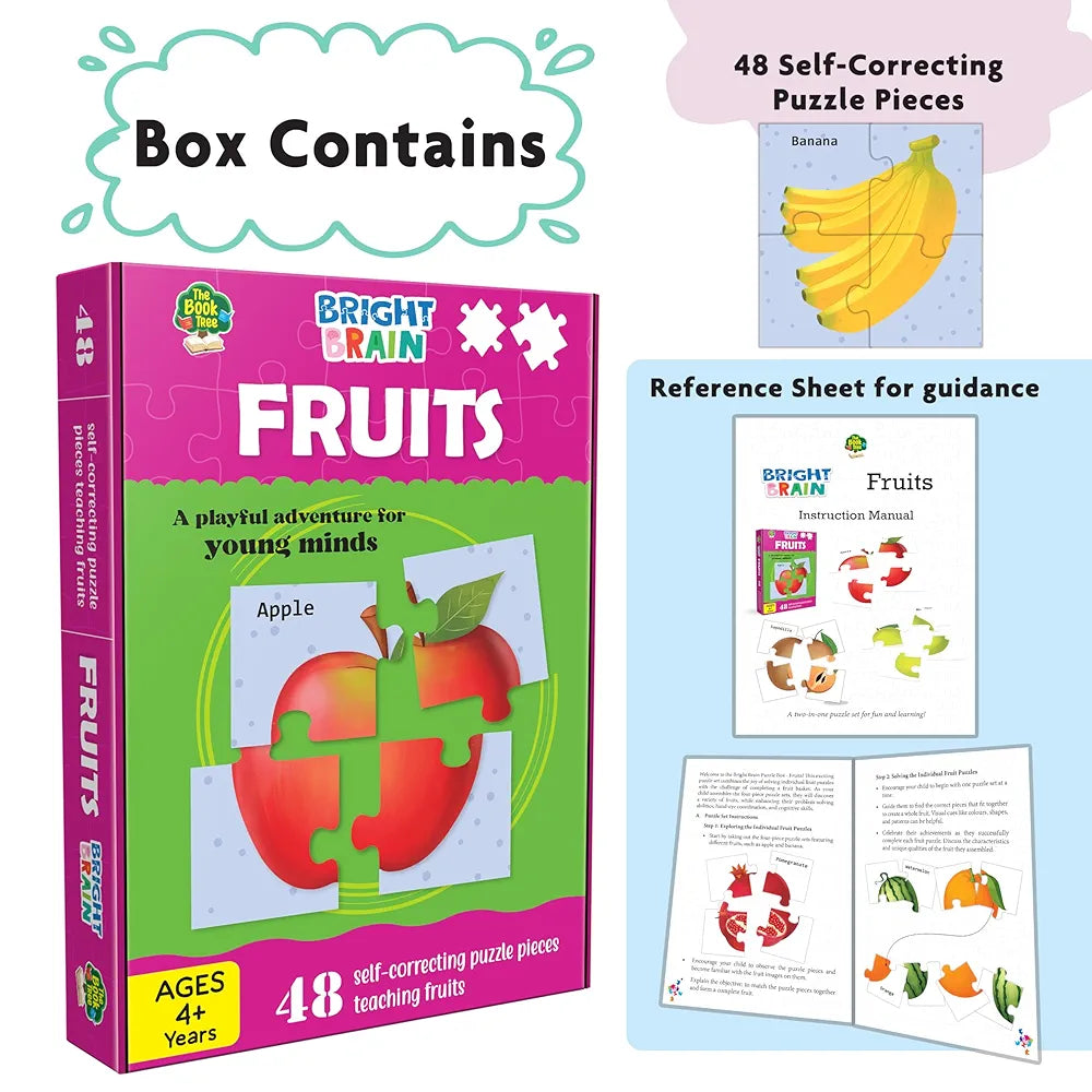 THE BOOK TREE Bright Brain Fruits 48 Piece Paper Jigsaw Puzzle For Preschoolers, Educational Toy For Learning Fruits, Gifts For Kids Ages 3 To 6 By Majestic Book Club,Multicolor