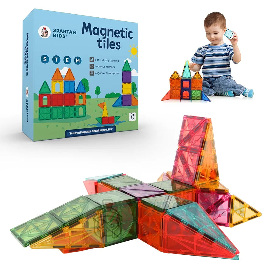 SPARTAN KIDSยฎ Premium Magnetic Tiles for Kids Magnetic Building Blocks for Kids 3 4 5 6 7 8 Years, Constructing & Learning Builder Educational Kids Magnetic Blocks Game