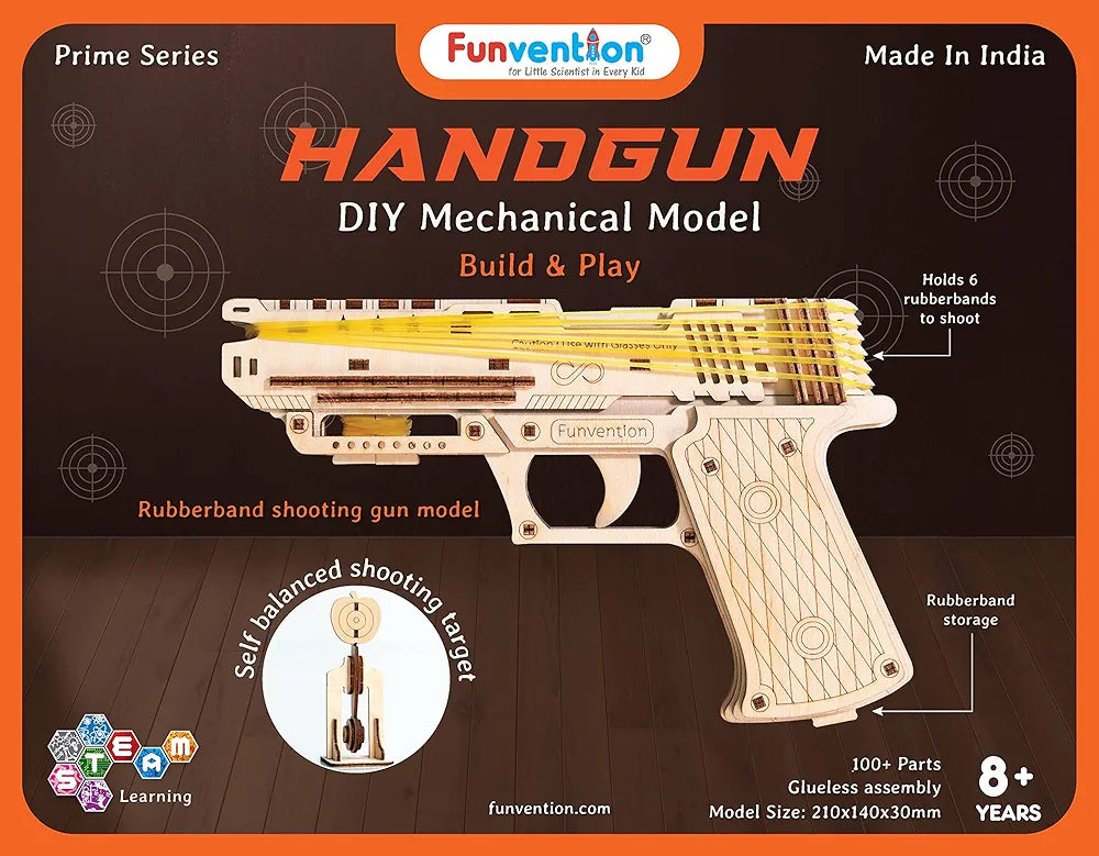 Funvention- for Little Scientist in Every Kid Handgun - Diy Functional Mechanical Model Stem 3D Puzzle Lerning Kit Collectible Building Kit With Rubberband Shooting & Storage,Pack Of 1,Multicolor